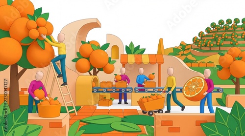 Vibrant Orange Orchard Scene with Harvesting Activity.