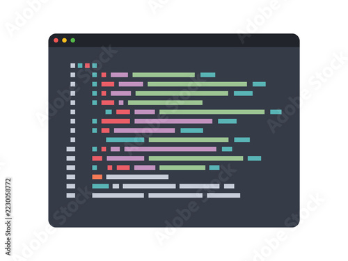 This illustration features a vector of a browser window or code editor in a flat style, set against a white background.