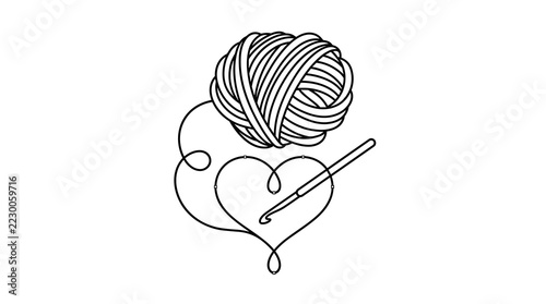 Minimalist black and white line art illustration of a ball of wool yarn with a crochet hook inserted through the side, perfect for crafting, knitting, and handmade hobby themes.
