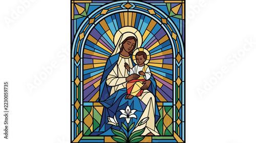 Modern stained glass vector illustration featuring colorful geometric shapes, abstract mosaic pattern with circles, arcs, and triangles in vibrant orange, blue, and teal hues.