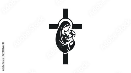 Stylized Minimalist Vector Icon of the Virgin Mary, Religious Illustration with Halo and Veil, Clean Linear Graphic Design for Faith and Spiritual Projects