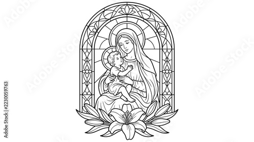 Minimalist Vector Line Drawing of the Madonna and Child, Elegant Religious Icon Illustration for Spirituality and Motherhood Projects, Simple Black Outlines on White Background