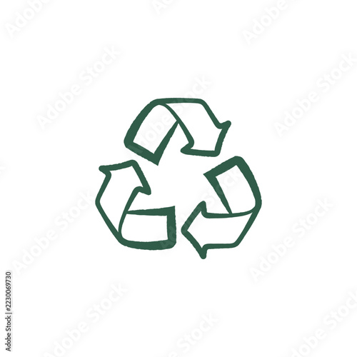 Hand drawn recycling symbol with three curved arrows representing waste reduction, material reuse and environmental sustainability. Green line art illustration isolated on white background.