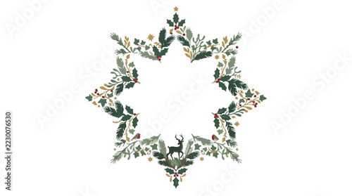 Christmas Elegant Christmas star wreath with botanical pine branches and deer, festive winter holiday frame with red berries, rustic green foliage border. jpg