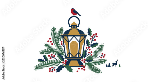 Christmas Vintage Christmas lantern with winter greenery and red robin bird, festive holiday vector with pine branches, navy and gold seasonal decor element. jpg