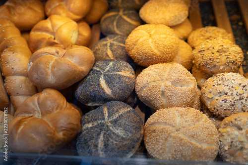 Traditional bread and rolls at a traditional Austrian bakery in Tyrol, Austria: Kaisersemmel, Mohnweckerl, Sesamweckerl, Körnerweckerl, Roggenbrötchen, Körnerbrötchen,  Bauernbrötchen, Vinschger Paarl