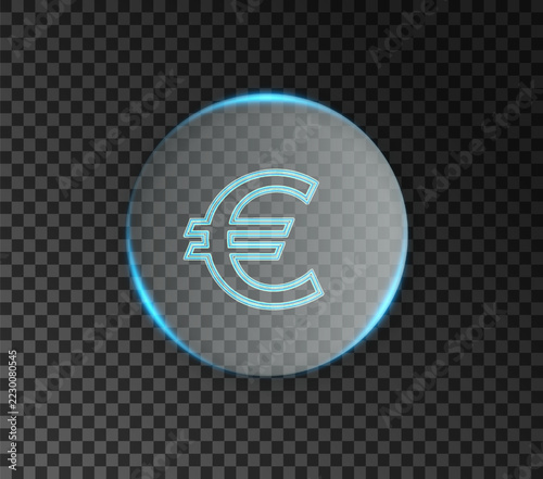 Transparent glass euro coin with luminous blue outlines and futuristic European currency design.