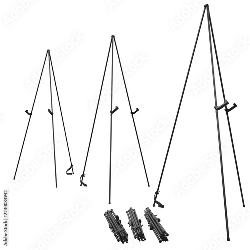 Black folding tripod easel stand mockup set in three sizes with folded easels. Portable display stands for art, presentation and signage. Isolated on white background.