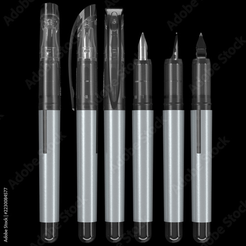 Fountain pen mockup set showing capped pen, side views with clip, and different nib tips. Isolated on black background for branding, product design and presentation.