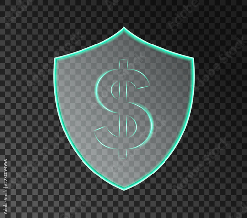 Transparent glass shield with glowing green dollar symbol representing financial security and money protection.