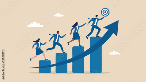 Diverse business team running up growth bar chart blue professional success graph.