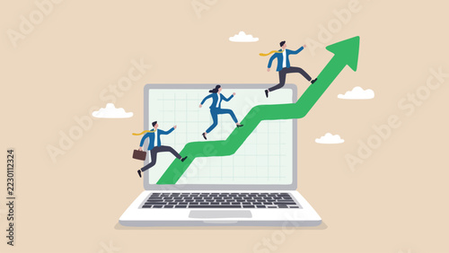 Business people running up green growth arrow chart displayed on digital laptop pc.