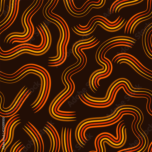 Abstract Orange and Gold Wavy Line Pattern on Dark Brown Background