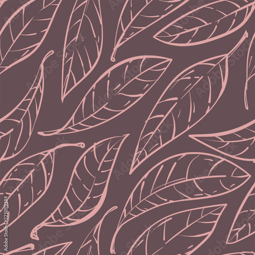 Blush Pink Botanical Leaves Seamless Pattern on Mauve Background