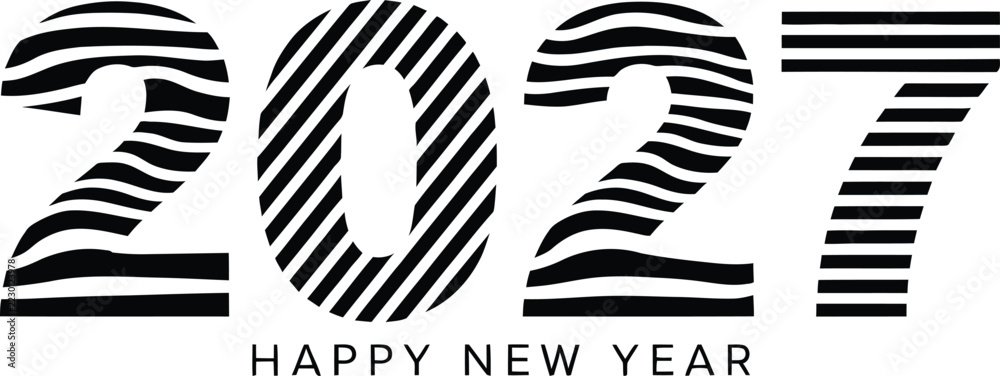 Fototapeta premium Happy New Year 2027 Black and White Striped Typography Design