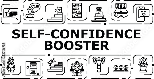 Self-confidence booster banner infographic. Bravery vitality, belief empowerment, spirit assurance icon vector illustration