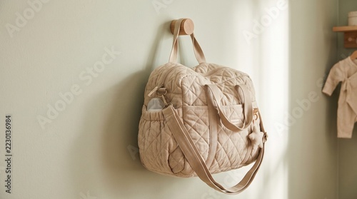 Beige quilted baby diaper bag hanging on wooden wall hook