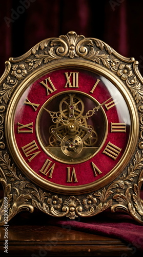 Luxurious vintage brass clock featuring crimson dial and visible internal mechanism
