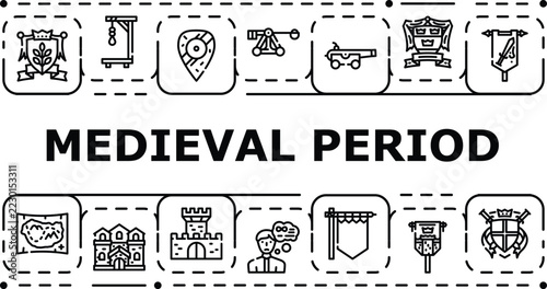 Medieval period banner infographic. Feudalism guild, heraldry banner, crusade castle icon vector illustration
