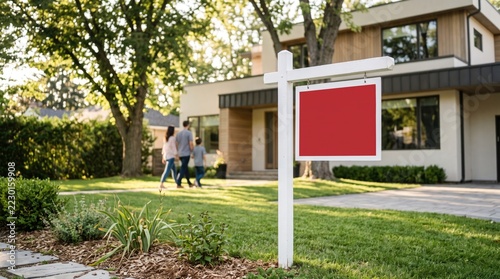 Sold real estate sign post with modern house background in sunny day
