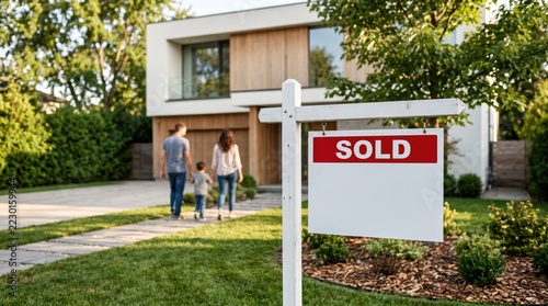 Real estate property sold sign in front of modern minimalist family home