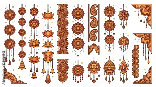 Traditional Indian Mandala Hanging Ornaments and Lotus Floral Decorative Border Design