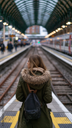 A girl is standing on the porch wearing a warm jacket 