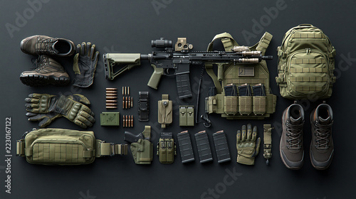 Military clothing: backpack, boots, weapon. Against a solid-color background 