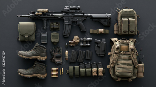 Military clothing: backpack, boots, weapon. Against a solid-color background 