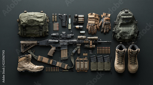 Military clothing: backpack, boots, weapon. Against a solid-color background 