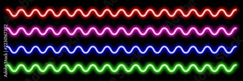Set of neon wavy glowing lines, red pink blue green sine waves, glowing light strokes on for design