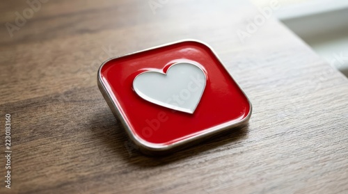 Red and Silver Heart Icon Enamel Pin on Wooden Desk Surface