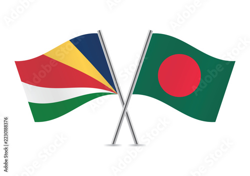Seychelles and Bangladesh crossed flags on a white background. Vector illustration.