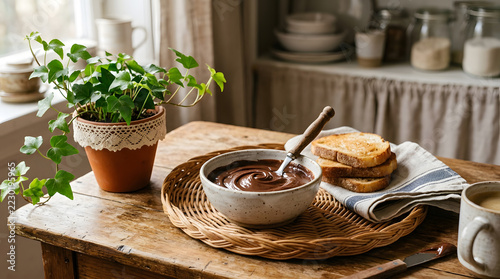 Creamy chocolate spread served in a ceramic bowl on a woven wicker tray beside a lace-lined planter, creating a warm, rustic still life perfect for breakfast, dessert, or cozy kitchen decor images