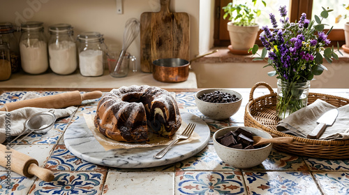 Marble cake board on a decorative tiled tabletop framed by bowls of chocolate, chocolate chips and a wicker tray with purple flowers, evoking a cozy, rustic baking and dessert preparation scene