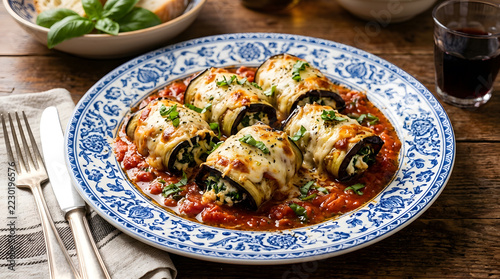 Baked Eggplant Rolls with Melted Cheese in Tomato Sauce on Decorative Plate
