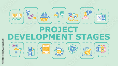 Project development stages banner infographic. Maintenance design, review risk, implementation scope icon vector illustration