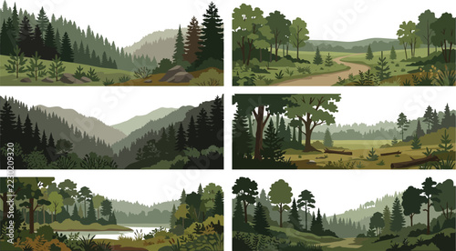 Forest landscape vector illustration with rolling hills and dirt path during daylight