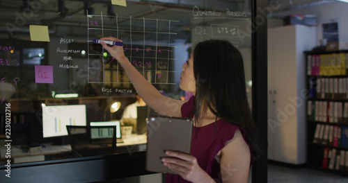 Image of asian woman with tablet and glassboard working late in office