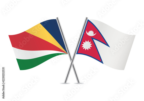 Seychelles and Nepal crossed flags on a white background. Vector illustration.