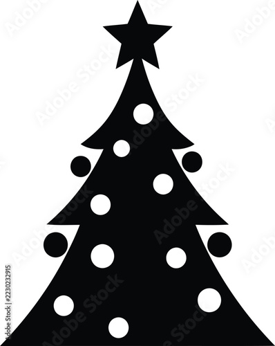 Simple black silhouette of a decorated christmas tree with a star on top
