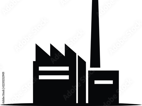 Minimalist black silhouette icon of a factory building with a tall smokestack
