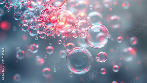 Translucent bubbles floating among red and blue lights, creating an abstract atmosphere