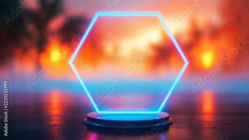 Neon hexagon portal glowing above a pedestal, with sunset colors reflecting on water