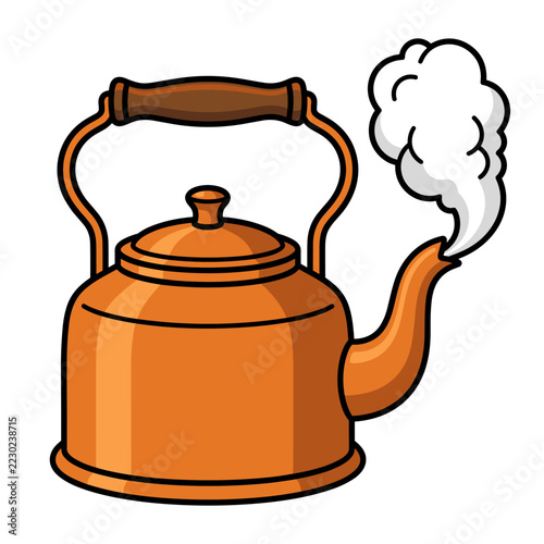 Copper kettle boiling water with steam on white background