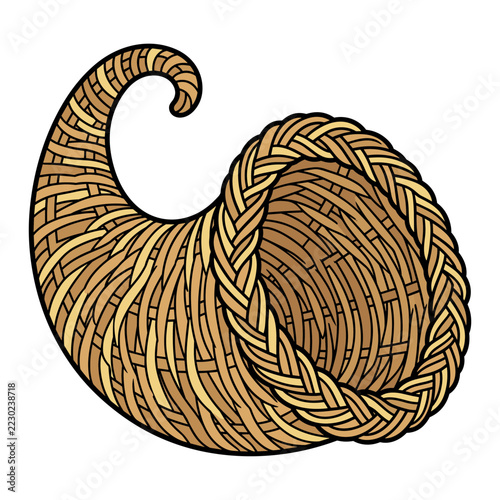 Empty woven cornucopia horn of plenty basket on white background