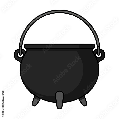 Black witch cauldron with handle and legs isolated on white