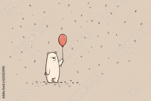 A minimalist scene with a cute small bear holding a single balloon, surrounded by falling stars and confetti in a vintage line art style with soft muted palette