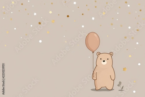 A minimalist scene with a cute teddy bear holding a single balloon, surrounded by tiny stars and golden confetti in a soft, muted palette