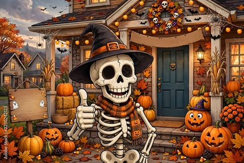 A cheerful cartoon skeleton wearing a witch hat and autumn scarf giving a thumbs up in front of a festively decorated Halloween house with pumpkins, falling leaves, and cozy fall lights.